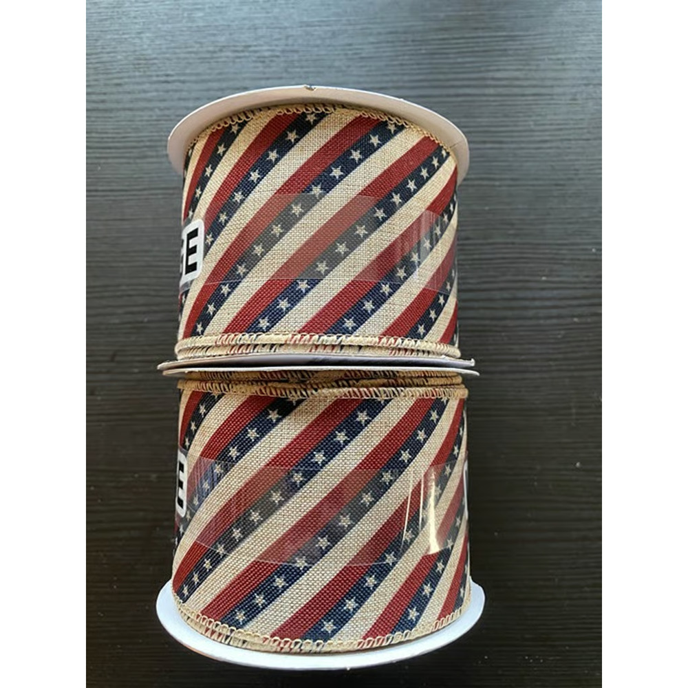 Two Spools Place&Time Patriotic Ribbon Stripped Blue, Red, Tan 4th of July Decor